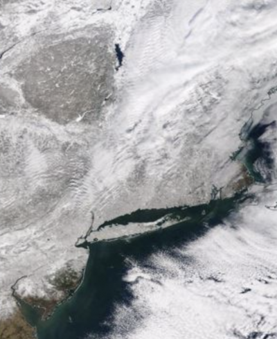 Image from the Moderate Resolution Imaging Spectroradiometer (MODIS) aboard NASA’s Terra satellite shows an area of New Jersey and New York impacted by a winter storm that hit in February, 2021.