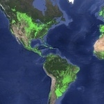 Map of North and South America with green areas indicating vegetation/cropland.