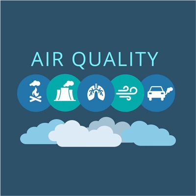 Words "Air Quality" over five icons showing air quality impacts; clouds at bottom.