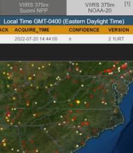 A screenshot showing a portion of the FIRMS active fire map showing ultra real-time data