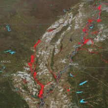 Image of Tennessee with red areas indicating flooded areas.