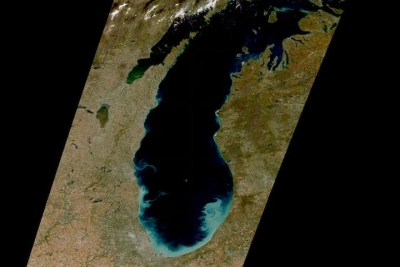 Swirls of phytoplankton in Lake Michigan on 22 October 2022 (HLS/Sentinel 2A & 2B)