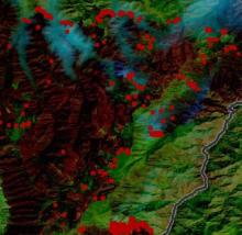 A close-up view of Landsat fire detection and thermal anomaly data in the FIRMS interface