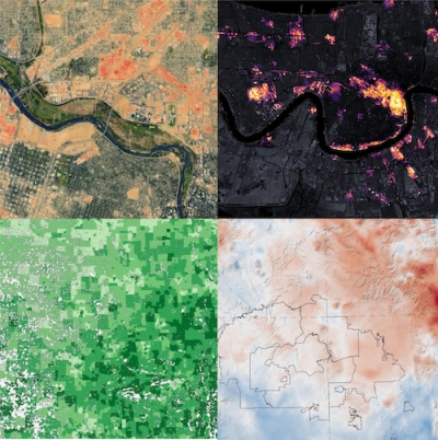 Four panel image showing uses of NASA data in environmental justice