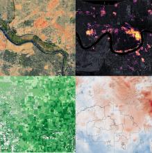Four panel image showing uses of NASA data in environmental justice