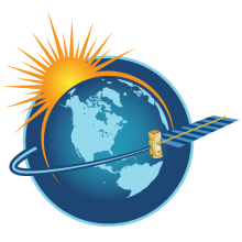 Blue globe with yellow sunburst in upper left and satellite circling the equator.