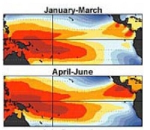 The image above shows mean ocean temperatures in the Pacific (in degrees Celsius)