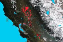 Image showing flooding in Central California from a 3-day flood composite ending 23 January 2023 from the MODIS instruments aboard the Terra and Aqua satellites