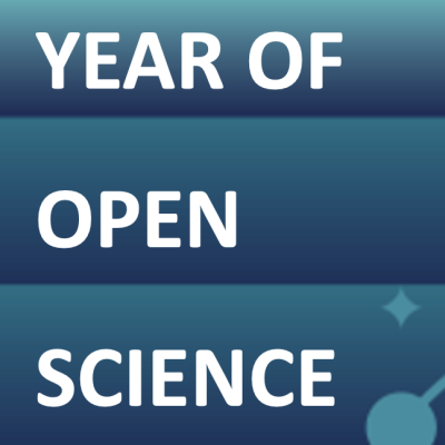 Stacked words Year of Open Science on a blue/green background