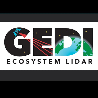 Black square with white center; word GEDI across the center with Ecosystem Lidar below