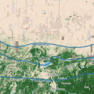 Brown base image with green areas indicating trees becoming more dense toward the bottom of the image. Blue lines show annual rainfall values.