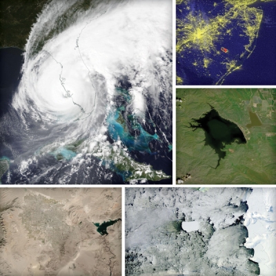 This image features Earth Day 2023 activity images for the B-22A iceberg, Las Vegas, Nevada, San Luis Reservoir, Mullica Fire, New Jersey, and Hurricane Ian.