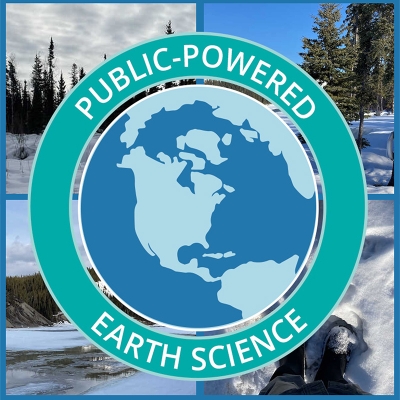This is a square image divided into four quadrants and bordered in the color blue. In each quadrant is a picture of a winter forest scene. Overlaid across the entire image is a blue graphic of the Earth featuring North America. The Earth graphic is encircled by a green ring with the words “public-powered Earth science” written in white. 