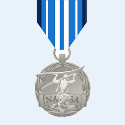 Award medal on a striped blue-white ribbon; silver disk imprinted with NASA overlain by a figure holding NASA arrow