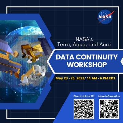 words Terra, Aqua, and Aura Data Continuity Workshop May 23-25, 2023, 11 a.m. - 6 p.m., EDT, with scannable QR codes below the text and an image of data and satellites on the left