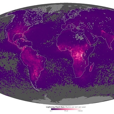The map above shows the average yearly counts of lightning flashes per square kilometer from 1995 to 2013