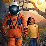 An illustration of an astronaut wearing an orange suit and white helmet walking and holding the hand of a girl wearing a yellow NASA t-shirt and blue jeans. The background of the image shows a tree, glowing sun, green grassy fields and mountains.