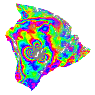 InSAR image of Hawaii, Big Island, with colors indicating land movement over time; tightest concentration of land movement is over the Mauna Loa volcano near the center of the image