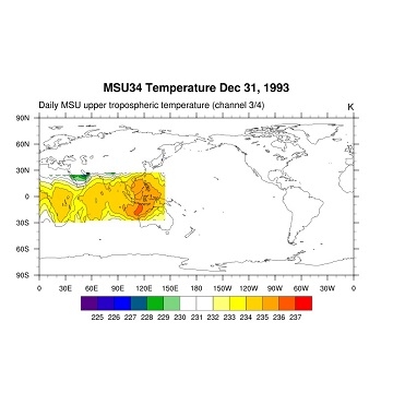 The image above shows Daily MSU upper tropospheric temperature (channel 3/4) from Dec 31, 1993.