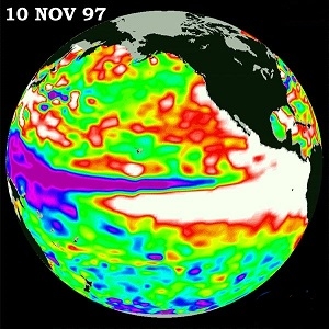 The image shows sea surface height relative to normal ocean conditions on August 13, 1998