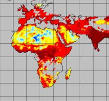 Image of aerosol data showing  maximum particle size (in angstrom units) from the VIIRS instruments aboard the Suomi NPP and NOAA-20 satellites.