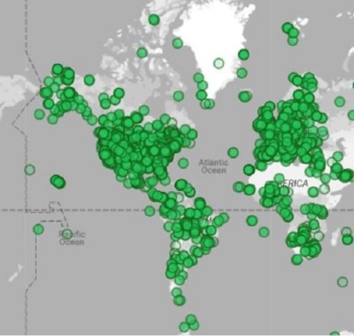 This thumbnail shows a part of the initial screen a user sees when accessing TESViS's FIxed Subset Tool. There is a grapscale map of the world, showing continents in white. In several places over the land masses are green dots representing the location of the more than 3,000 field and flux tower sites whose data is used in the validation of models and remote sensing products. 