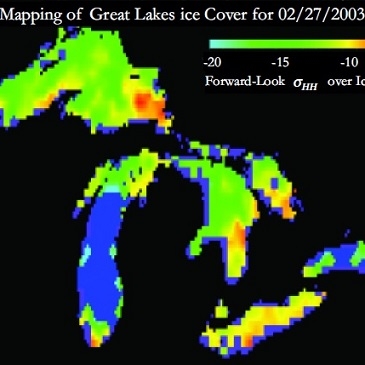 The image above shows a prototype map of the QuikSCAT ice-cover product for the Great Lakes, showing ice cover on February 27, 2003.
