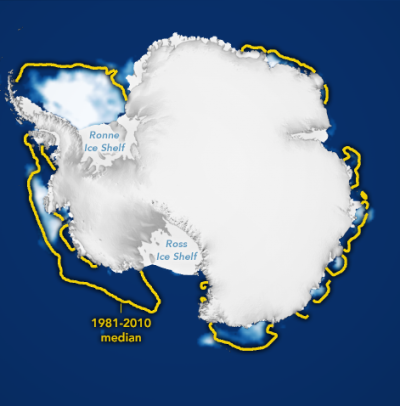 The image above shows Antarctic sea ice extent from February 2022, using DMSP SSM/I, SSMIS, and Nimbus 7 SMMR.