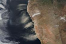 Image of blowing dust and salt in Namibia on 11 July 2023 from the VIIRS instrument aboard the joint NASA/NOAA Suomi NPP satellite.