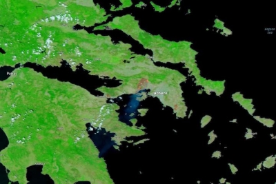 False-color image of fires and burned areas in Greece on 19 July 2023 from the VIIRS instrument aboard the joint NASA/NOAA NOAA-20 satellite