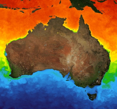 This image from PO.DAAC's State of the Ocean tool shows the continent of Australian with red, orange, yellow, green and blue colors around it. These colors are associated with sea surface temperatures, with oranges and reds indicating warm water and greens and blues indicating cooler water.