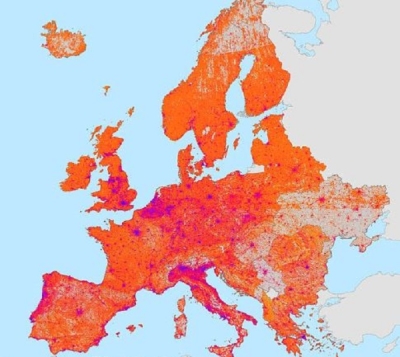 This image shows a map of Europe colored in yellow, orange, red, and purple. The colors correspond to areas of relative deprivation. The brighter the color (orange and yellow), the higher the level of relative deprivation.