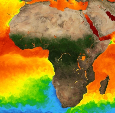 image of Africa with colors around the continent indicating sea surface temperature; coolest temperatures (blue) are at the southern tip of Africa; warmest temperatures (orange/red) are mid-continent.