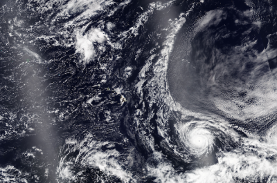 True Color Corrected Reflectance image of Hurricane Dora, south of the Hawaiian islands on 6 August 2023 from the VIIRS instrument aboard the joint NASA/NOAA NOAA-20 satellite