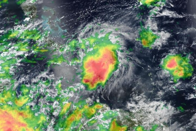 Tropical Storm Franklin over the Dominican Republic shown on a True color corrected reflectance image from the VIIRS instrument aboard joint NASA/NOAA Suomi NPP satellite overlaid with IMERG Precipitation Rate