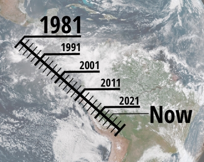 Graphic with  a corrected reflectance background image and a diagonal  timeline with 1981 in the upper left, 1991, 2001, 2011, 2021, and Now below. This represents the AVHRR Long Term Data Record Version 6.