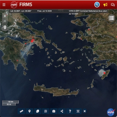 Screenshot of NASA's Fire Information and Resource Management System showing fires in Greece. 