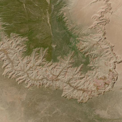 HLS image of Grand Canyon on a clear day with brown canyon winding through center of image and greener area near upper left of image