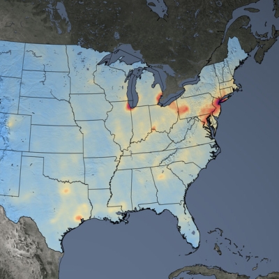 This thumbnail image shows nitrogen dioxide concentrations across the United States, averaged over 2021. The data were derived from the Aura satellite's Ozone Monitoring Instrument (OMI). Lower levels of gas are colored shades of blue and higher concentrations are depicted in shades from white, red to black. 