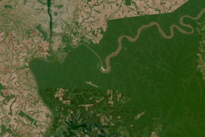 True color reflectance image of Iguazu Falls, on the border of Argentina and Brazil on 10 October 2023 from the OLI instrument aboard the Landsat 8 & 9 satellites