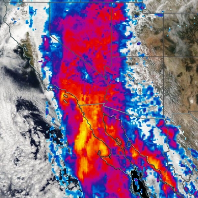 GES DISC Webinar thumbnail image showing extreme precipitation in California 2023.