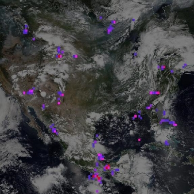 This image from NASA Worldview shows ISS LIS Flash Count data (i.e., the pink, purple, and red dots), which provide the number of lightning flashes recorded by the LIS aboard the ISS. Red dots indicate high numbers of lightning flashes (greater than or equal to 20), while purple dots indicate the fewest flashes. 