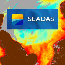 Blue rectangle with word SEADAS in white with a small square next to it overlain on a data image showing a land mass and ocean with colored data in the water