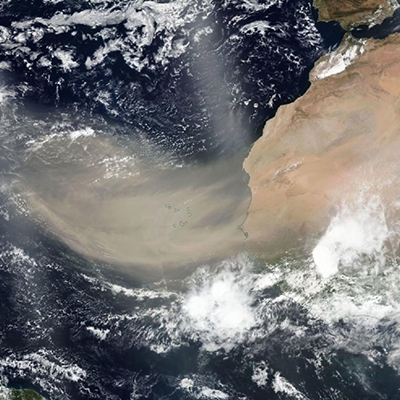 Satellite image of sand blowing into the Atlantic off North Africa