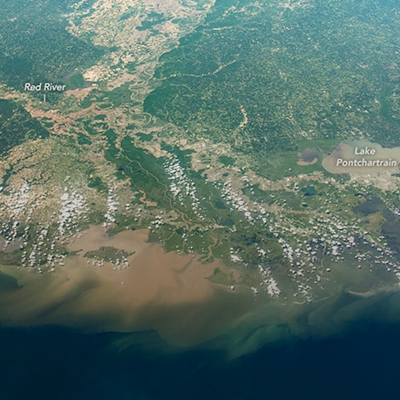 Satellite image of muddy Mississippi river flowing into the gulf.