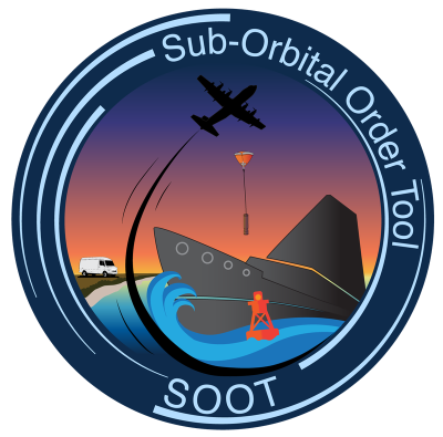 circular image with words Sub-Orbital Order Tool at top and SOOT at bottom; image of boat on the water in the middle with an aircraft dropping a radiosonde above the boat.