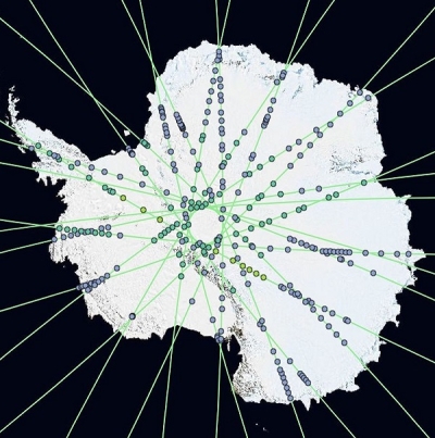 An image of Antarctica from OpenAltimetry showing the satellite tracks and data-acquisition points along the continent's surface. 