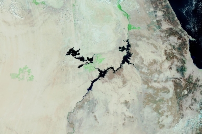False-color corrected reflectance image of Toshka Lakes, Egypt on 28 December 2023 from the VIIRS instrument aboard the Suomi NPP satellite