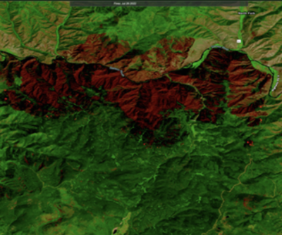 HLS false color composite image for the Moose Fire in northeast Idaho acquired by Landsat 8 on July 18, 2022 