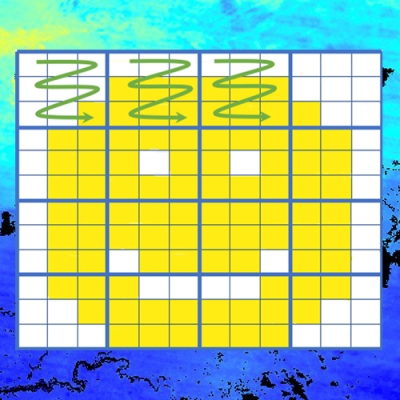 This two-layer graphic shows a yellow and white smiley face atop a land aerosol optical depth image collected by the Moderate Resolution Imaging Spectroradiometer (MODIS) aboard the Terra and Aqua satellites. The smiley face is placed on a white background gridded by 144 squares with thin blue lines. The grid is grouped into 16 larger tiles bordered by thicker blue lines. The MODIS image is placed below the smiley face and primarily consists of colors fading from dark blue to aquamarine.